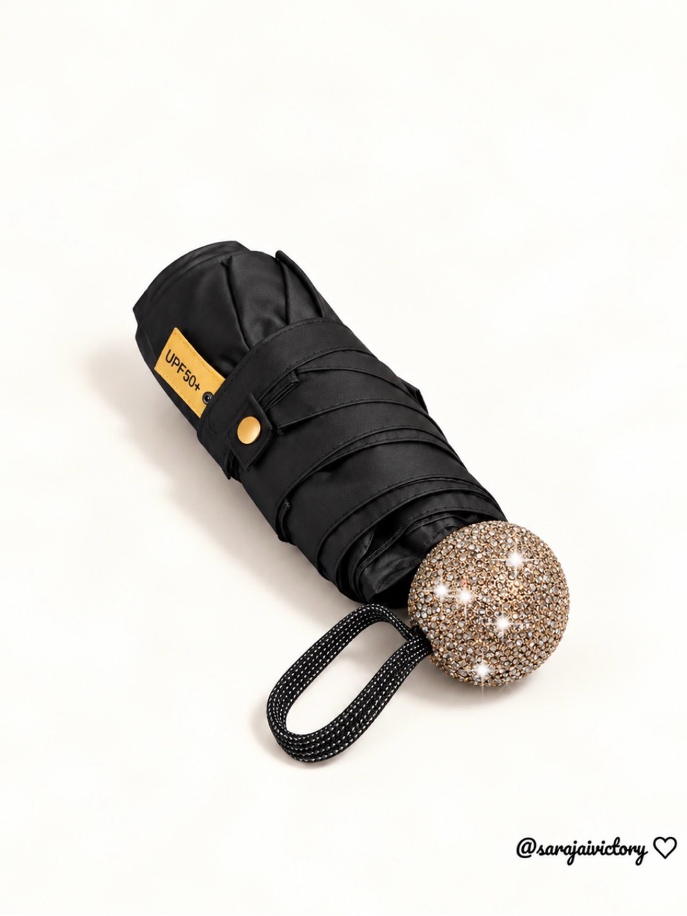 Foldable Black Umbrella with Sparkling Rhinestone Handle